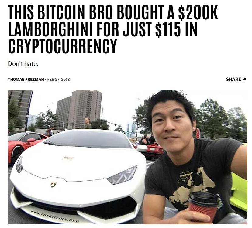 2018 news article: This Bitcoin bro bought a $200K Lamborghini for just $115 in cryptocurrency — Peter Saddington selfie with his white Huracán